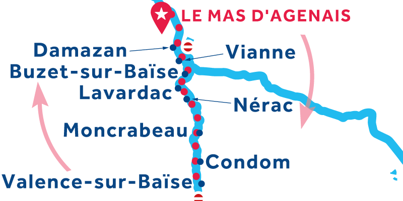 Mappa di navigazione di Mas-d'Agenais andata e ritorno via Valence-sur-Baise