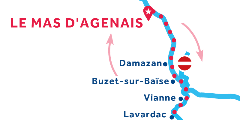 Mappa di navigazione di Mas-d'Agenais andata e ritorno via Buzet-sur-Baise